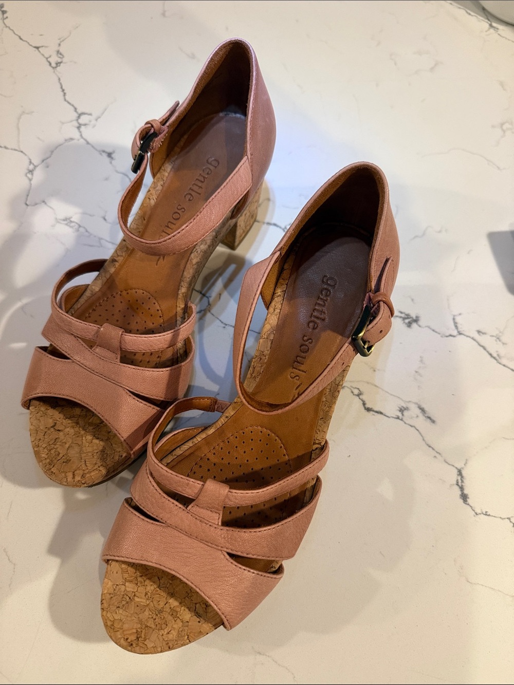 gentle souls Rose Pink Cork Block Heel Sandals